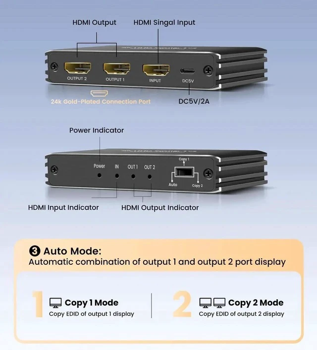 Alt view image 7 of 7 - HDMI 2.1 Splitter 1 in 2 Out, 8K@60Hz HDMI Splitter for Mirror Screen(Not Extend Diferent Screen), Support 48Gbps,4K@120Hz, HDCP 2.3, HDR 10+, RGB 4:4:4, for PS5/Xbox/Streaming Devices