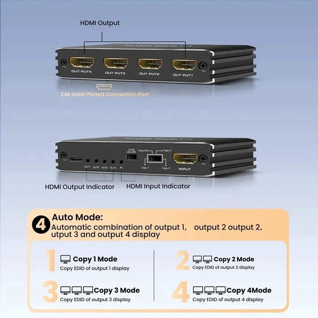 Alt view image 2 of 7 - HDMI 2.1 Splitter 8K@60Hz 1 in 4 Out 4K@120Hz, HDMI Splitter for Multiple Monitors (Only Copy/Mirror Input Screen), Hdmi Splitters for Gaming Support 48Gbps, HDCP 2.31x4