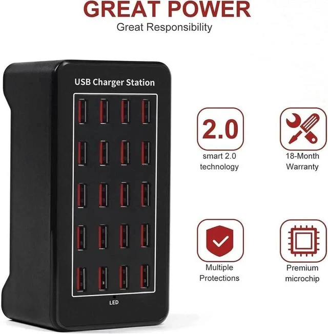 Alt view image 7 of 7 - USB Charging Station, 20 USB Fast Ports Charge Docking Station, Multi Device Charger Organizer Compatible with iPad, iPhone, Tablet and Cell Phone - Black