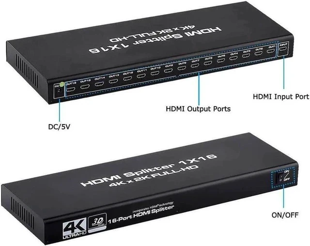 Alt view image 6 of 7 - 1x16 HDMI Splitter, 1 in 16 Out HDMI Splitter Audio Video Distributor Box Support 3D & 4K x 2K Compatible for HDTV, STB, DVD, PS16, Projector Etc