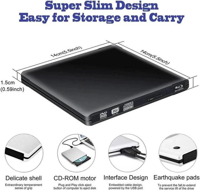 Alt view image 5 of 7 - Aluminum Slim USB 3.0/Type C External Blu-Ray Player Drive, Portable CD/DVD +/-RW Drive Ultra-Thin DVD/CD ROM Rewriter Burner For Laptop Desktop PC Windows Linux OS Apple Mac, Black
