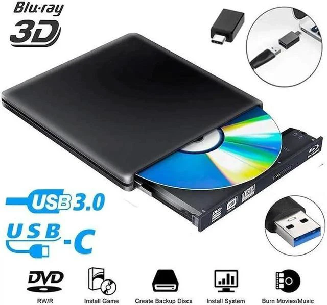 Main image of External Blu Ray DVD Drive 3D USB 3.0 and Type-C Bluray CD DVD Burner Slim Optical Portable Blu-ray Writer for MacBook OS Windows xp/7/8/10, Linux, Laptop PC (Black)
