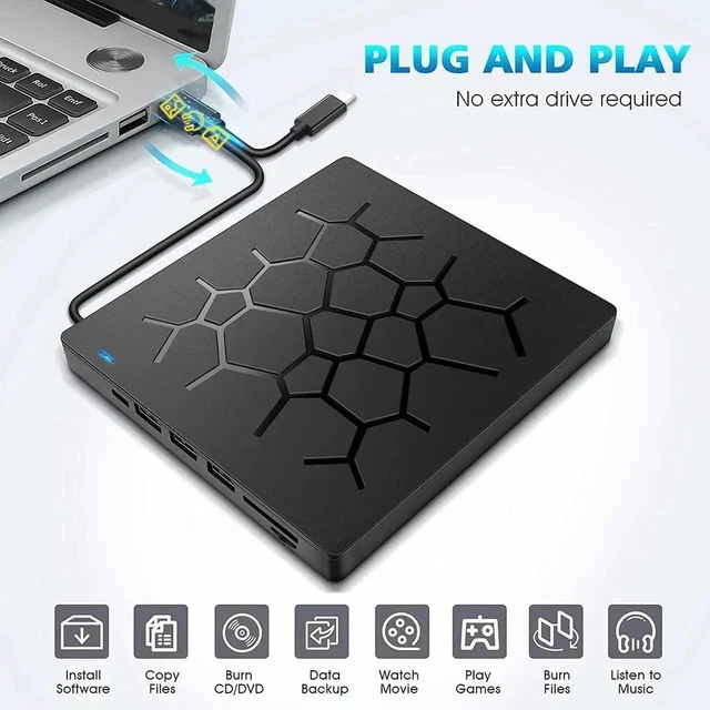 Alt view image 2 of 6 - 7 -in-1 External CD Drive Type C USB 3.0 Portable CD DVD +/-RW Drive Slim DVD/CDROM Rewriter Burner Writer with4 USB Ports and 2 SD Card Slot