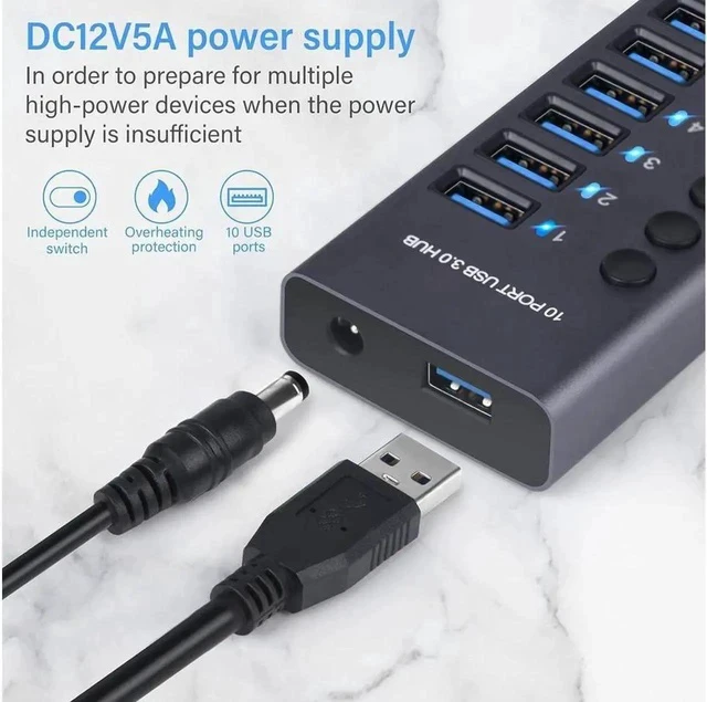 Alt view image 4 of 7 - Powered USB 3.0 USB C Hub, Aluminum USB 10 Port, 12V/5A AC Adapter, with Individual On/Off Switches for MacBook, Mac Pro/Mini and More