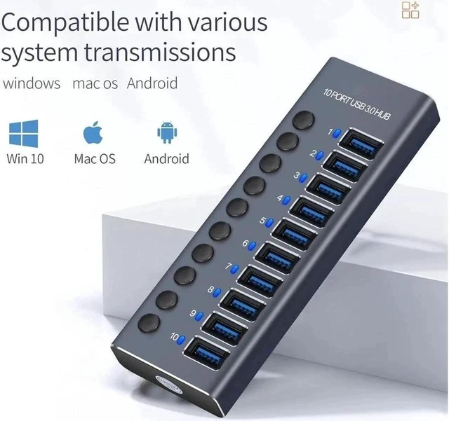 Alt view image 5 of 7 - Powered USB 3.0 USB C Hub, Aluminum USB 10 Port, 12V/5A AC Adapter, with Individual On/Off Switches for MacBook, Mac Pro/Mini and More