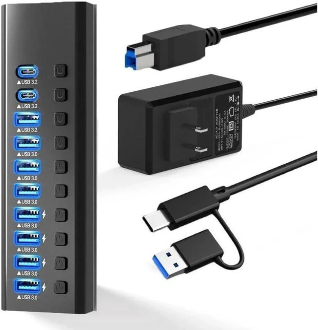 Main image of USB Hub, 7 Ports Super High Speed USB 3.0 Hub Splitter + 1 USB-A 3.2 Ports + 2 USB-C 3.0 Ports, Black Smart Fast Charger Powered USB Hub for Laptop, Mac, PC, Mobile HDD, Mulitple Devices