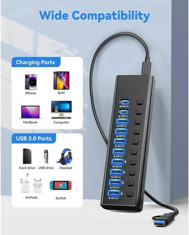 Alt view image 2 of 7 - USB Hub, 7 Ports Super High Speed USB 3.0 Hub Splitter + 1 USB-A 3.2 Ports + 2 USB-C 3.0 Ports, Black Smart Fast Charger Powered USB Hub for Laptop, Mac, PC, Mobile HDD, Mulitple Devices