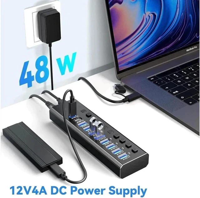 Alt view image 6 of 7 - USB Hub, 7 Ports Super High Speed USB 3.0 Hub Splitter + 1 USB-A 3.2 Ports + 2 USB-C 3.0 Ports, Black Smart Fast Charger Powered USB Hub for Laptop, Mac, PC, Mobile HDD, Mulitple Devices