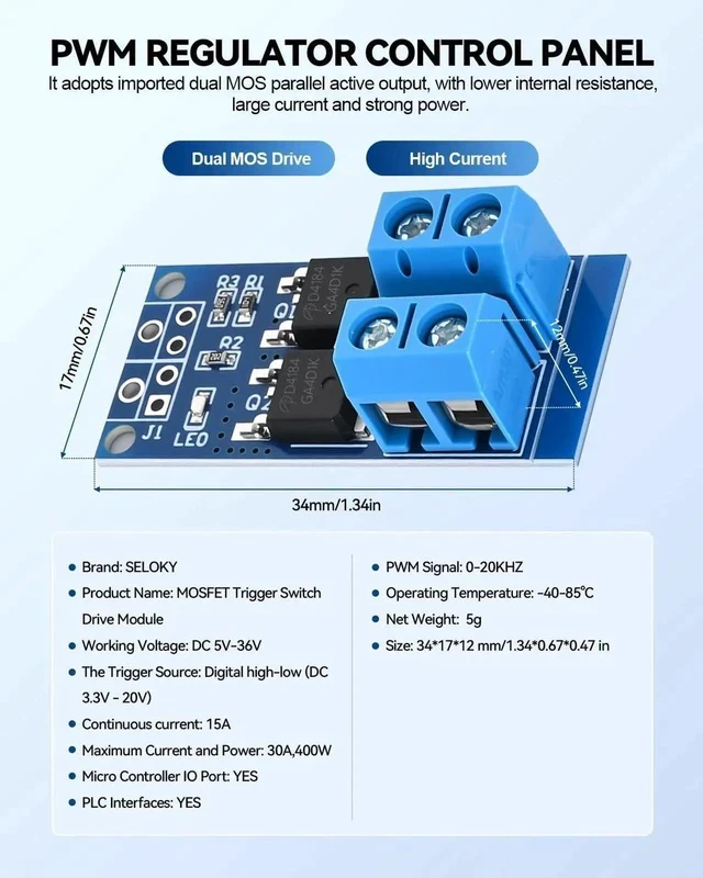 Alt view image 2 of 7 - Dual High-Power MOSFET Trigger Switch Drive Module 0-20KHz PWM Adjustment Electronic Switch Control Board Motor Speed Controller Lamp Brightness Control, DC 5V-36V 400W, 15A (Max 30A) (30PCS)