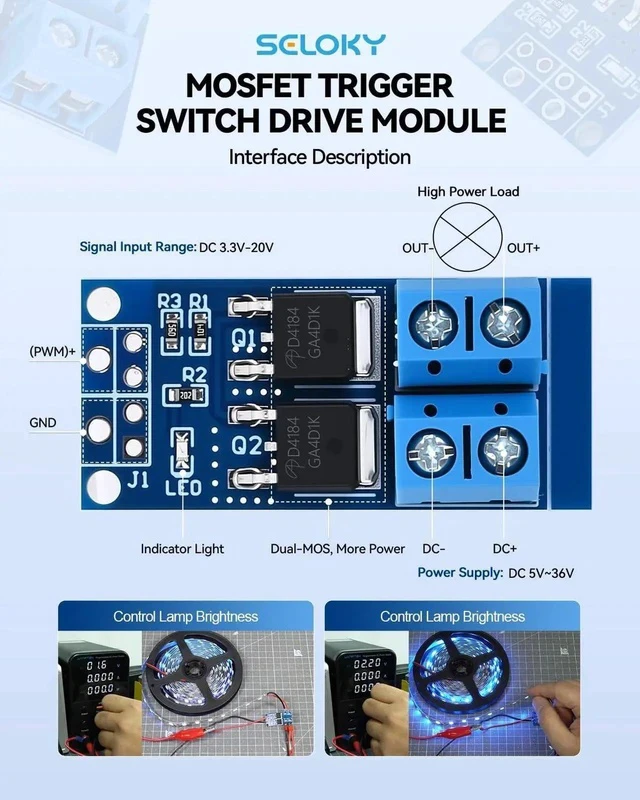 Alt view image 4 of 7 - Dual High-Power MOSFET Trigger Switch Drive Module 0-20KHz PWM Adjustment Electronic Switch Control Board Motor Speed Controller Lamp Brightness Control, DC 5V-36V 400W, 15A (Max 30A) (30PCS)