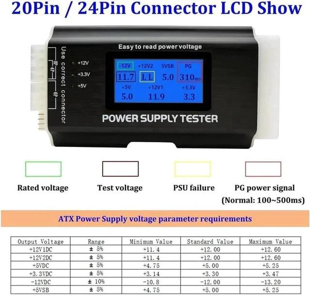 Alt view image 4 of 6 - Computer PC Power Supply Tester, ATX / ITX / IDE / HDD / SATA / BYI Connectors Power Supply Tester, 1.8'' LCD Screen (Aluminum Alloy Enclosure) PC LCD Power Supply Tester 20/24 pin 4 SATA HDD Testers