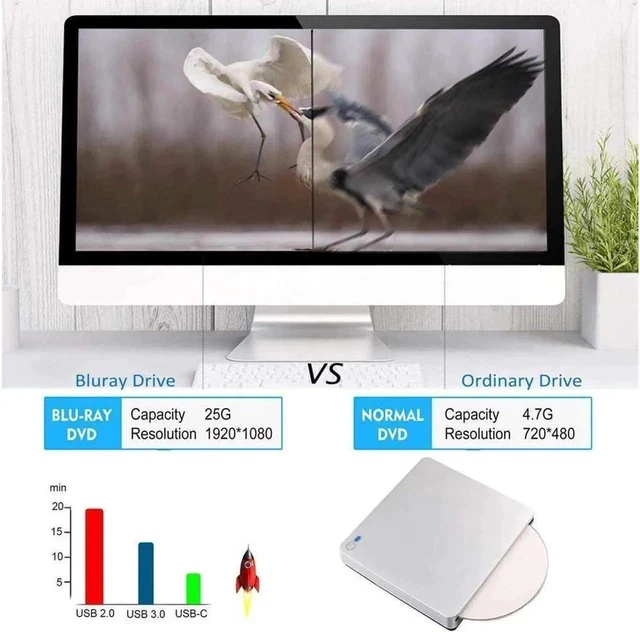 Alt view image 4 of 7 - External Blu-Ray Burner Drive with One Touch Pop up for Laptop, Portable High-Speed USB-C&USB 3.0 CD Burner/DVD Reader Writer for PC Desktops, Compatible with Windows/Mac OSX/Linux (XD055BD)