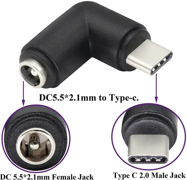 Alt view image 6 of 7 - 90 Degree Type C USB Male to DC 5.5x2.1mm Female Connector DC Barrel Jack Power Adapter for Type C USB Charging Device (2Pack)