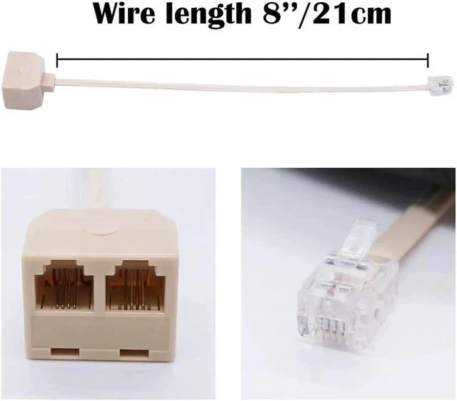 Alt view image 2 of 3 - 2 Pcs RJ11 6P4C Telephone Splitter Converter Cable Adapter 4 Pin 2 Way Male to Female
