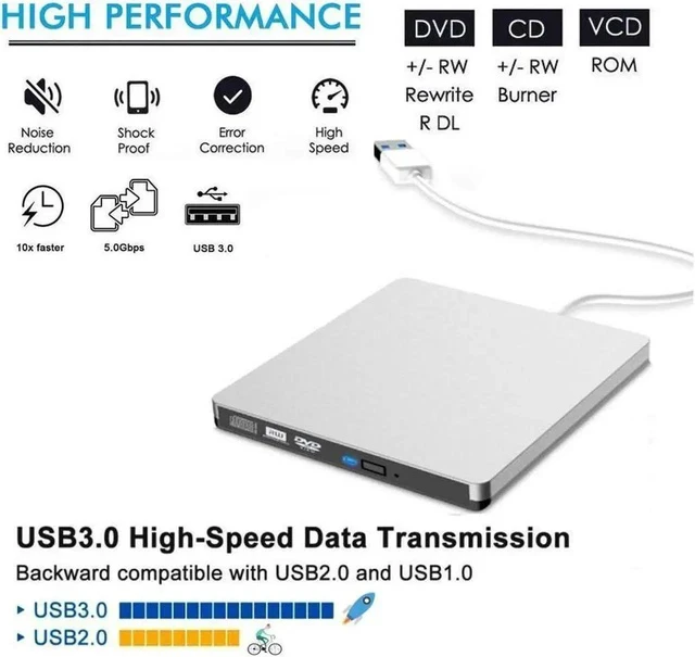 Alt view image 6 of 7 - USB3.0/USB-C External CD DVD Drive, USB 3.0 Portable CD DVD +/-RW Drive Slim CD DVD ROM Rewriter Burner CD DVD Player for Laptop Desktop MacBook PC Windows Linux Mac Os (Silver)