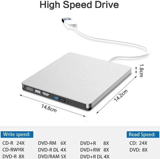 Alt view image 7 of 7 - USB3.0/USB-C External CD DVD Drive, USB 3.0 Portable CD DVD +/-RW Drive Slim CD DVD ROM Rewriter Burner CD DVD Player for Laptop Desktop MacBook PC Windows Linux Mac Os (Silver)