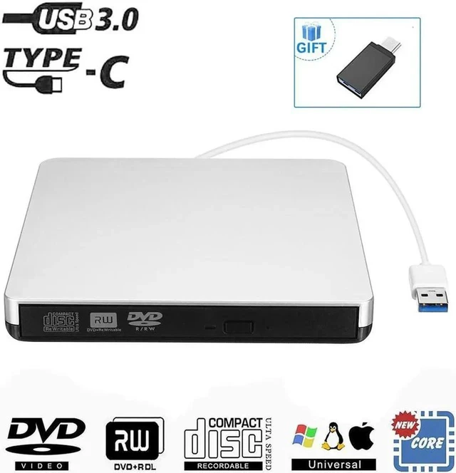 Alt view image 2 of 7 - External CD/DVD Drive USB 3.0/Type-C Portable DVD CD+/-RW Drive Slim DVD/CD ROM Rewriter Burner Writer High Speed Data Transfer Pro Laptop/Desktop Windows/Vista/7/8/10 Mac OSX and Linux