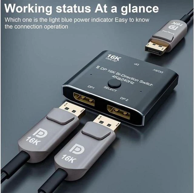 Alt view image 2 of 7 - 2 Port DisplayPort Switch, 16K@60Hz DP Switch Bi-Direction 8K@120Hz 4K@240Hz Displayport Splitter Converter for Multiple Source and displays 16K DP Video Converter