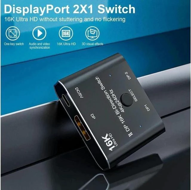 Alt view image 4 of 7 - 2 Port DisplayPort Switch, 16K@60Hz DP Switch Bi-Direction 8K@120Hz 4K@240Hz Displayport Splitter Converter for Multiple Source and displays 16K DP Video Converter