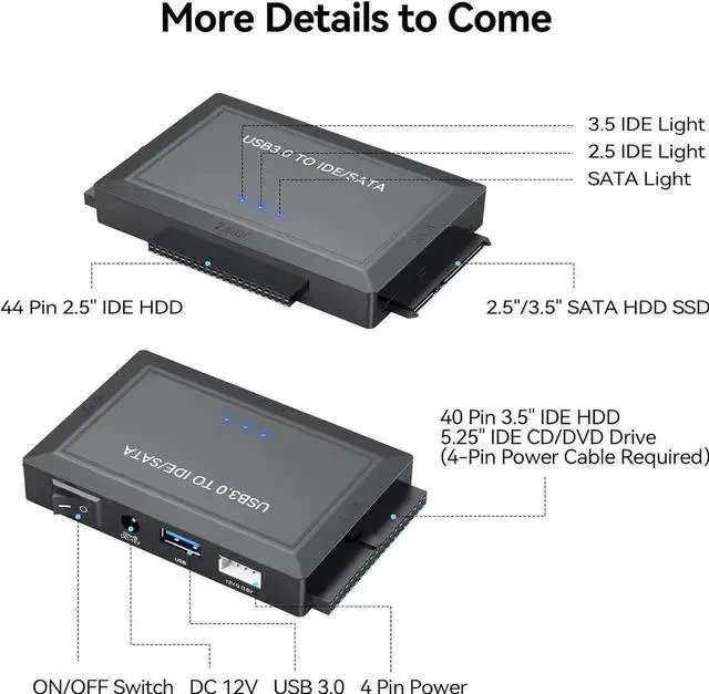 Alt view image 2 of 7 - Hard Drive Reader SATA IDE to USB 3.0 Adapter, USB 3.0 to SATA/IDE Hard Drive Ultra Recovery Converter Kit Data Retrieval Device for 2.5" 3.5" HDD SSD Hard Drive Disk 5.25" DVD/CD-ROM Optical Drive