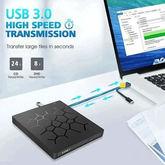 Alt view image 2 of 7 - 7 -in-1 External CD Drive USB 3.0 Portable CD DVD +/-RW Drive DVD/CD ROM Rewriter Burner Writer with 4 USB Ports and 2 SD Card Slots Compatible with Laptop Desktop PC Windows Mac Pro MacBook