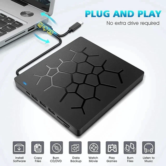 Alt view image 7 of 7 - 7 -in-1 External CD Drive USB 3.0 Portable CD DVD +/-RW Drive DVD/CD ROM Rewriter Burner Writer with 4 USB Ports and 2 SD Card Slots Compatible with Laptop Desktop PC Windows Mac Pro MacBook