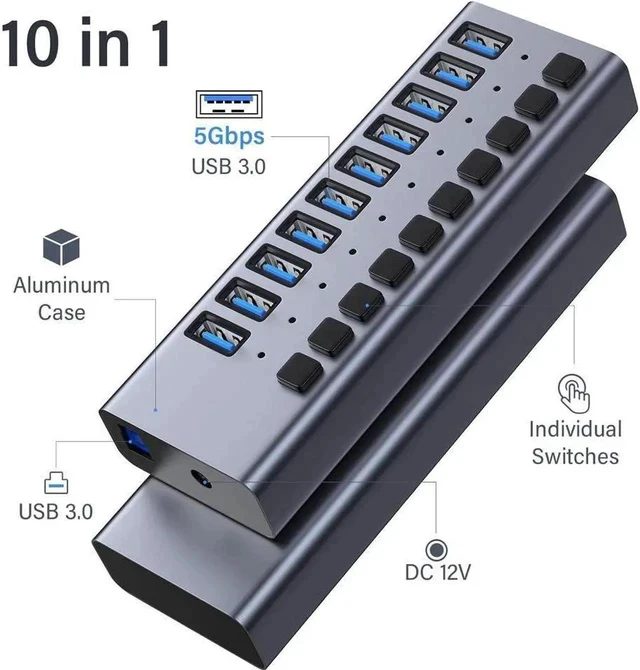 Alt view image 3 of 7 - Powered USB Hub, 10-Port USB Splitter Hub (10 Data HUB and Charging Port) with Individual LED On/Off Switches, USB Hub 3.0 Powered with Power Adapter for Mac, PC