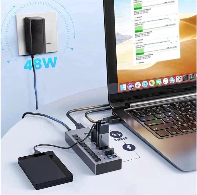 Alt view image 5 of 7 - Powered USB Hub, 10-Port USB Splitter Hub (10 Data HUB and Charging Port) with Individual LED On/Off Switches, USB Hub 3.0 Powered with Power Adapter for Mac, PC