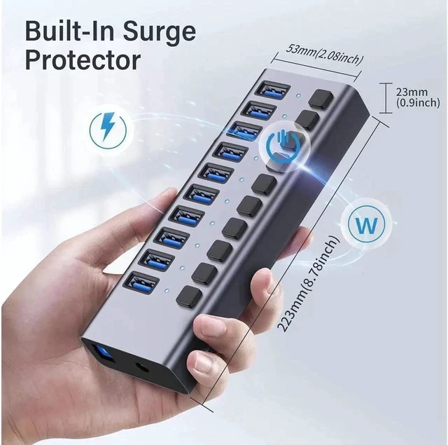 Alt view image 7 of 7 - Powered USB Hub, 10-Port USB Splitter Hub (10 Data HUB and Charging Port) with Individual LED On/Off Switches, USB Hub 3.0 Powered with Power Adapter for Mac, PC