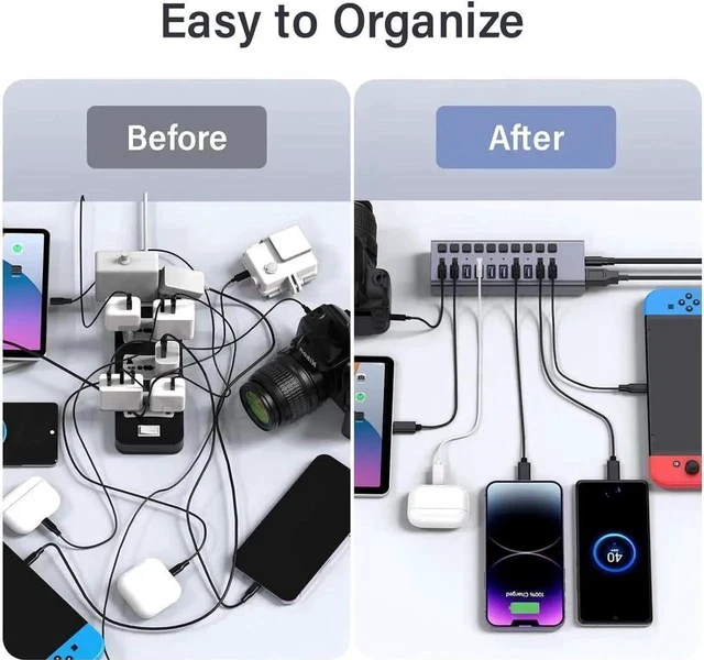 Alt view image 4 of 7 - Powered USB Hub, 10-Port USB Splitter Hub (10 Data HUB and Charging Port) with Individual LED On/Off Switches, USB Hub 3.0 Powered with Power Adapter for Mac, PC
