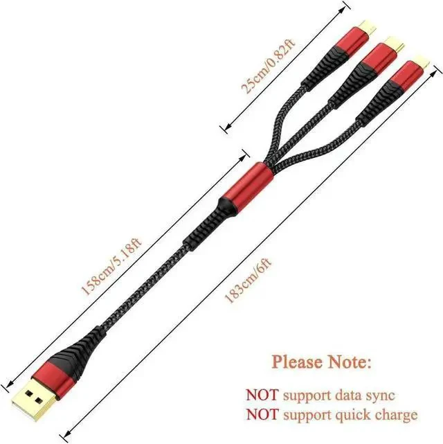 Alt view image 4 of 6 - Multi Charger Cable 2Pack 6ft Nylon Braided Universal 3 in 1 Multiple Ports Devices USB Charging Cord with Gold-Plated Type C/Micro USB Connectors for Phones Tablets (Charging Only)