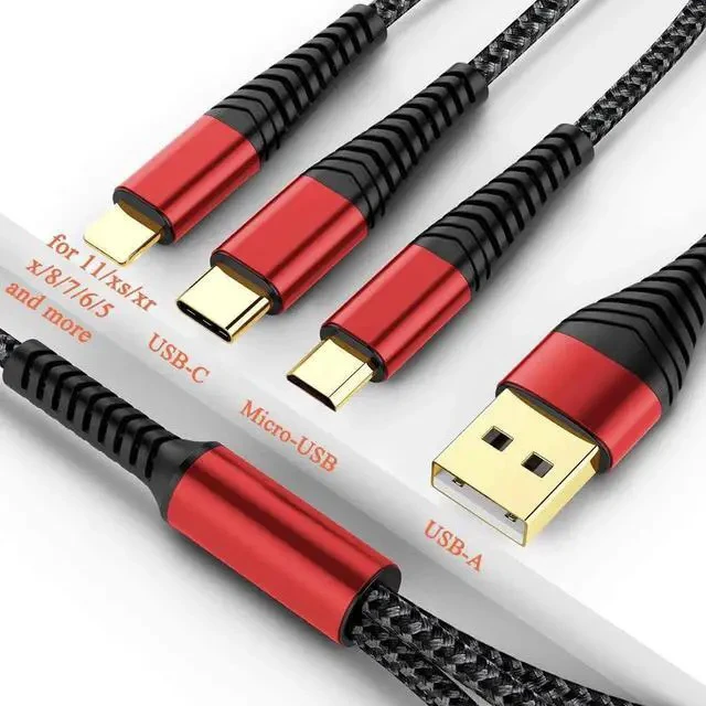 Alt view image 6 of 6 - Multi Charger Cable 2Pack 6ft Nylon Braided Universal 3 in 1 Multiple Ports Devices USB Charging Cord with Gold-Plated Type C/Micro USB Connectors for Phones Tablets (Charging Only)