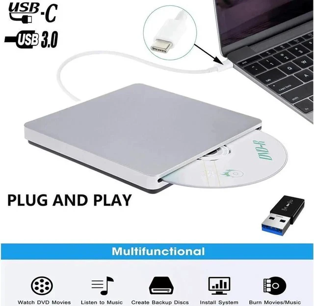 Alt view image 2 of 7 - XD055 Slim Type-C/USB3.0 External CD Drive, Portable CD/DVD +/-RW Drive Ultra-Thin DVD/CD ROM Rewriter Burner Compatible with Laptop Desktop PC Windows Linux OS Apple Mac(Silver)