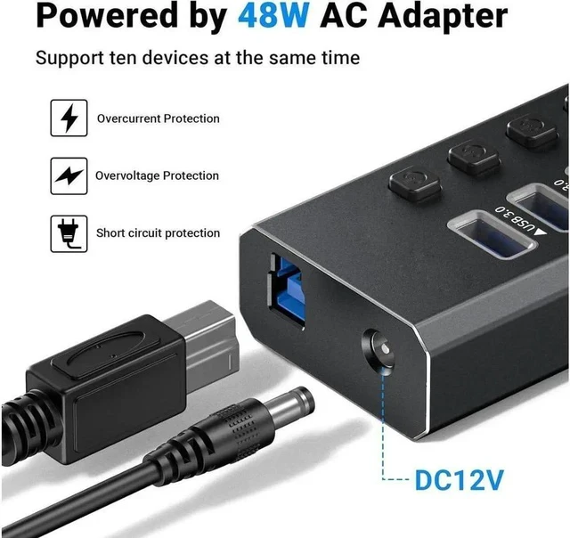 Alt view image 7 of 7 - Powered USB Hub, 10-Port USB 3.0 Hub Splitter (10 USB 3.0 Data Ports with 4 Smart Charging ) with Individual LED On/Off Switches, USB Hub 3.0 Powered with 48W AC Adapter for Mac, PC