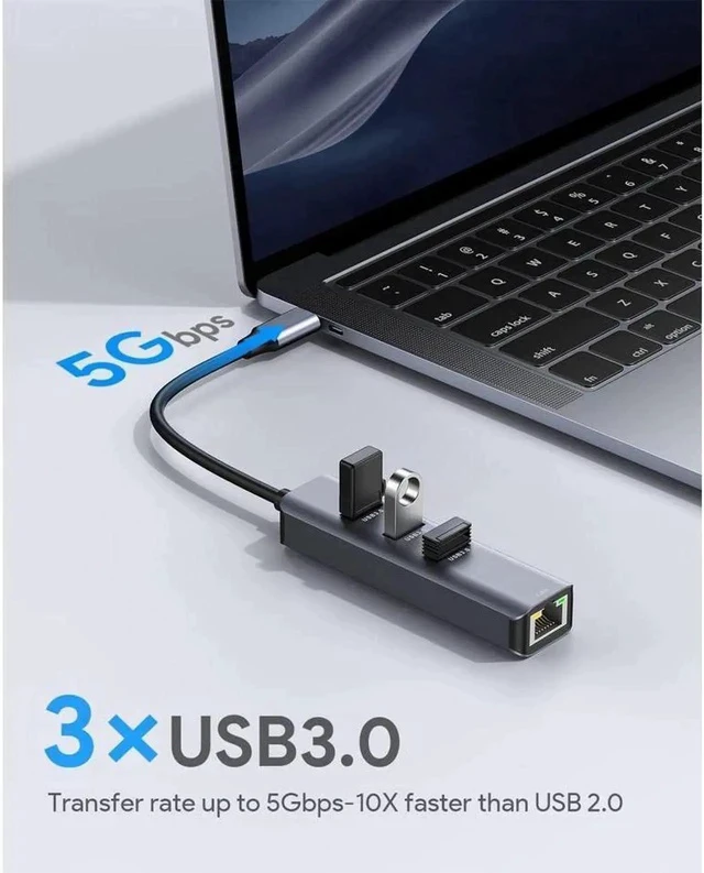 Alt view image 2 of 7 - USB C to Ethernet Adapter, USB-A 3.0 Hub with RJ45 Gigabit Ethernet, 3 USB 3.0 Data Ports, Aluminum USB Type C to LAN Network Adapter Splitter for Laptop and PC, MacBook