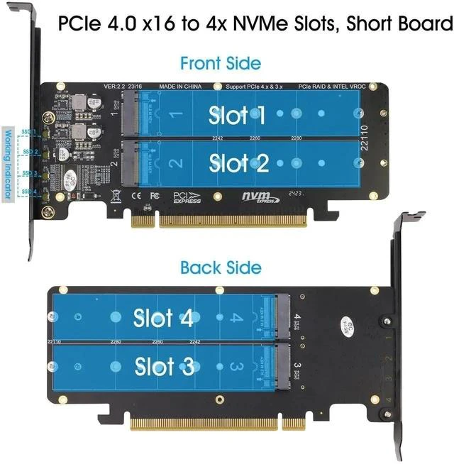 Alt view image 2 of 6 - Quad PCIe NVMe Adapter, PCIe 4.0 x16 to 4Ports M.2 NVMe Converter Card for 2U Support NVMe SSD in Size 22110/2280/2260/2242 (PCI-e Bifurcation Required)