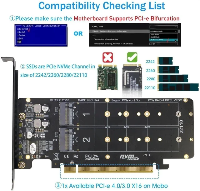 Alt view image 4 of 6 - Quad PCIe NVMe Adapter, PCIe 4.0 x16 to 4Ports M.2 NVMe Converter Card for 2U Support NVMe SSD in Size 22110/2280/2260/2242 (PCI-e Bifurcation Required)