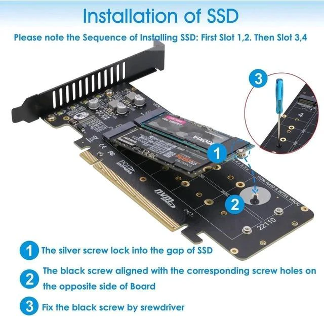 Alt view image 5 of 6 - Quad PCIe NVMe Adapter, PCIe 4.0 x16 to 4Ports M.2 NVMe Converter Card for 2U Support NVMe SSD in Size 22110/2280/2260/2242 (PCI-e Bifurcation Required)
