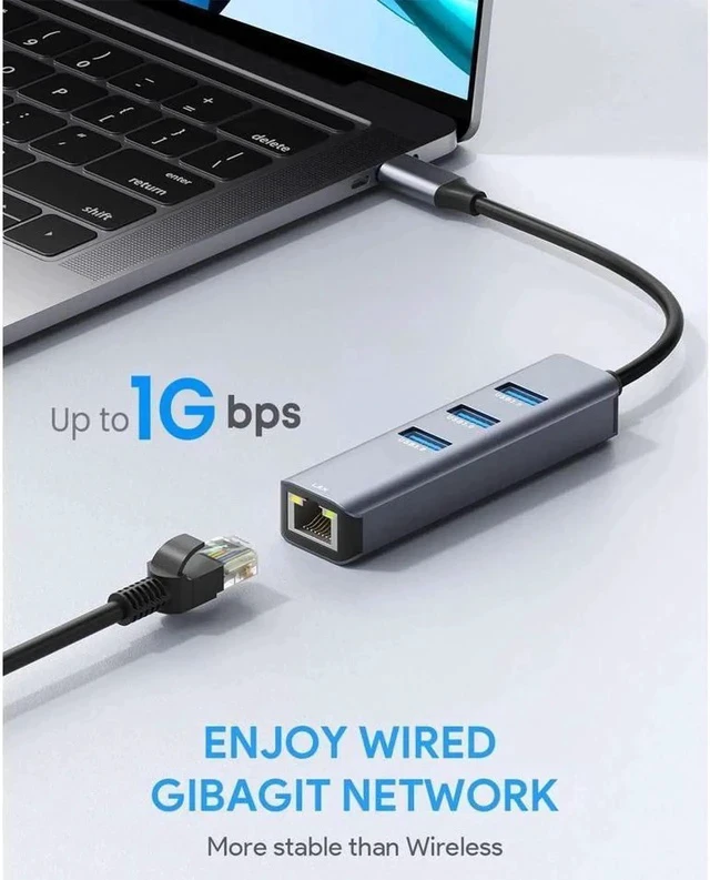 Alt view image 6 of 7 - USB C to Ethernet Adapter, USB-A 3.0 Hub with RJ45 Gigabit Ethernet, 3 USB 3.0 Data Ports, Aluminum USB Type C to LAN Network Adapter Splitter for Laptop and PC, MacBook