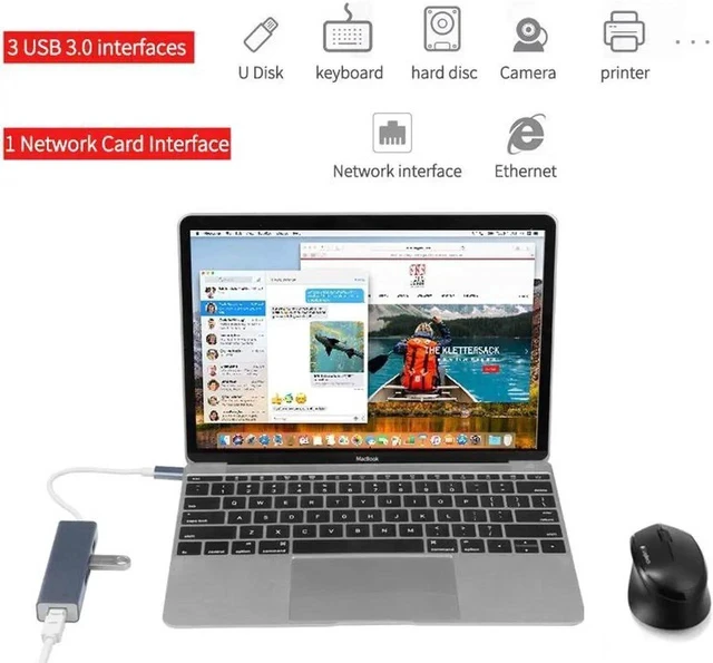 Alt view image 3 of 7 - USB 3.0 Hub Gigabit Ethernet , 3 Port USB 3.0 Splitter Gigabit Ethernet Hub + USB C HUB Network RJ45 1000Mbps USB Extender-For Mac Book,MacBook 2019/2018/2017 and More