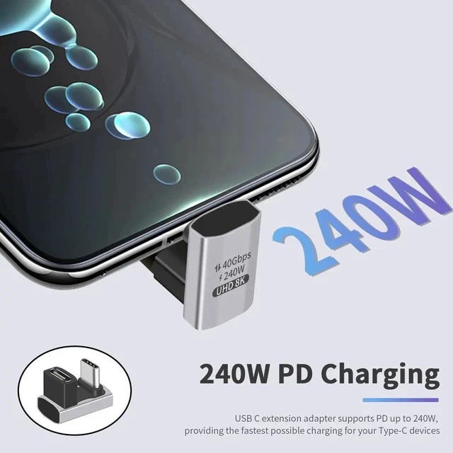 Alt view image 2 of 5 - 180 Degree USB C Adapter 240W, U Shaped USB C Male to Female Adapter, 40Gbps Type C Extender Converter 8k Video Audio Display for Laptop, Switch, MacBook, Thunderbolt 4/3, 1pack