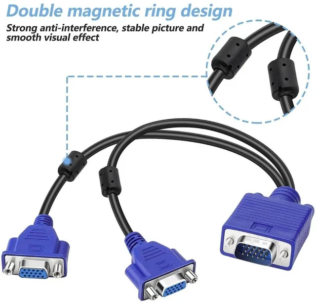 Alt view image 6 of 7 - Dual VGA Splitter Monitor Cable 1 Male to 2 Female Adapter Converter VGA Video Y Cable Cord for Screen Duplication