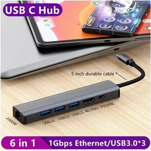 Alt view image 4 of 7 - USB C to Ethernet Adapter, 6 in 1 USB C Multiport Hub with Rj45 1000 Mbps, 3 x USB 3.0 Ports, 100W PD, 1Gbps LAN, 4K HDMI Video Output Compatible with MacBook Air/Pro,iMac, iPad Pro