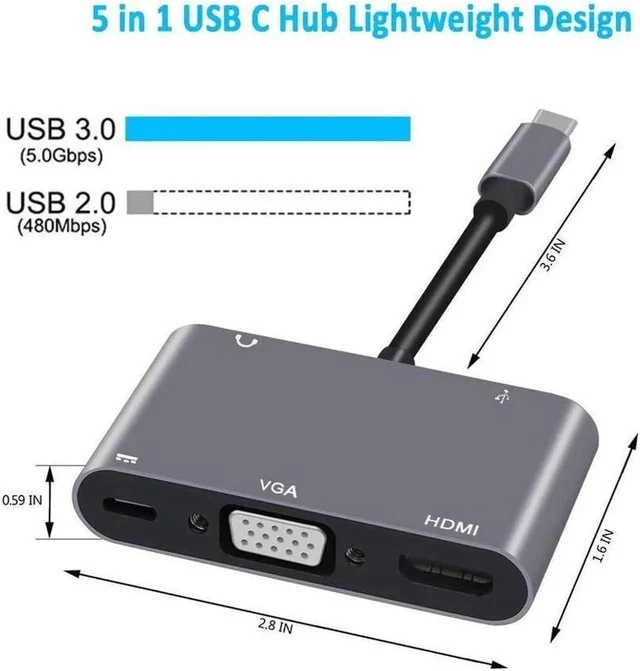 Alt view image 5 of 7 - USB C to HDMI VGA Adapter, 5-in-1 USB C Hub with 4K HDMI,1080P VGA,USB 3.0, 3.5mm Audio Port, 60W USB C PD Charging (Thunderbolt 3)Type C Multiport Adapter for MacBook Pro/Nintendo