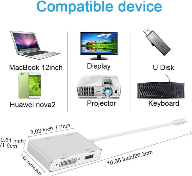 Alt view image 6 of 6 - USB 3.1 Type C to HDMI Adapter, USB-C to HDMI DVI 4K VGA USB Adaptor Converter for 2016/2017/2018 MacBook/MacBook Pro, 2018 MacBook Air