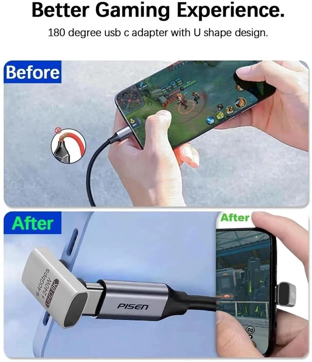 Alt view image 2 of 7 - 240W USB C 180 Degree Adapter (40Gbps Data, 8K@60Hz Video) U Shape Type C Male to Male Adapter, USB C Angle for Thunderbolt 4/3, Switch, Laptop, Tablet, iPhone 16 15 2Pack