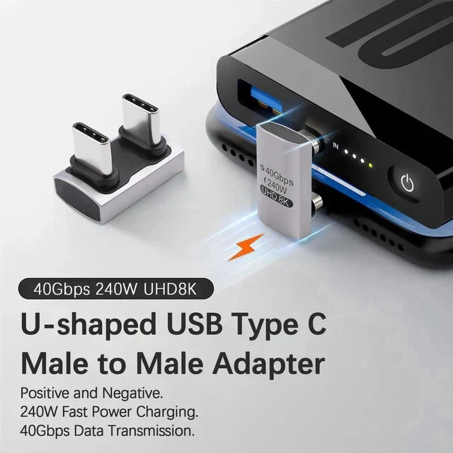 Alt view image 3 of 7 - 240W USB C 180 Degree Adapter (40Gbps Data, 8K@60Hz Video) U Shape Type C Male to Male Adapter, USB C Angle for Thunderbolt 4/3, Switch, Laptop, Tablet, iPhone 16 15 2Pack