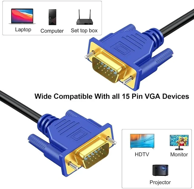 Alt view image 2 of 7 - VGA Cable 15 FT, Gold-Plated Long Computer Monitor Cord, Shielded 15 Pin HD15 1080P@60Hz Full HD High Resolution for TV, Computer, Projector, Doking Station
