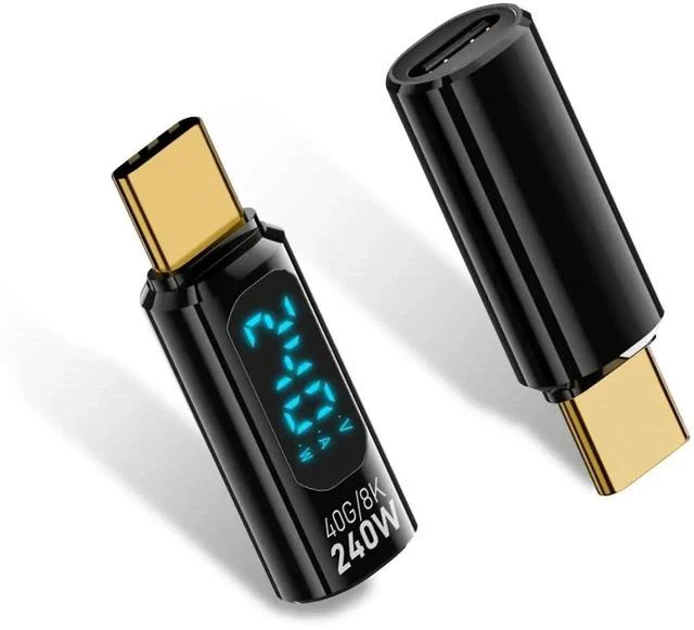 Main image of USB C Adapter with LED Digital Display, 240W PD, 40Gbps, USB-C Male to Female Adapter for iPhone 15 Series, MacBook, Support Voltage, Current and Power Smart LED Display (Black-2Pack)