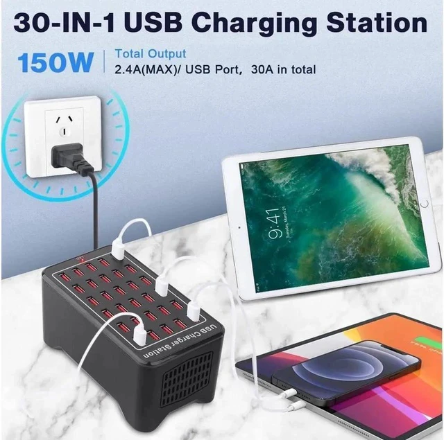 Alt view image 6 of 7 - 150w 30(30A) Port, USB Fast Charging Station,Travel Desktop USB Rapid Charger,Multi Ports Charging Station Organizer Compatible with Smartphones,Tables,and More Devices - Black
